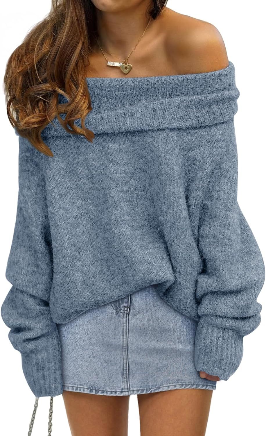 Womens Off The Shoulder Sweater Oversized Batwing Sleeve Loose Pullover Sweaters Tops