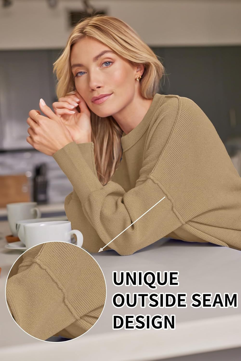 Women's Oversized Batwing Sweaters  Trendy Crewneck Knit Side Slit Fashion Pullover Tops