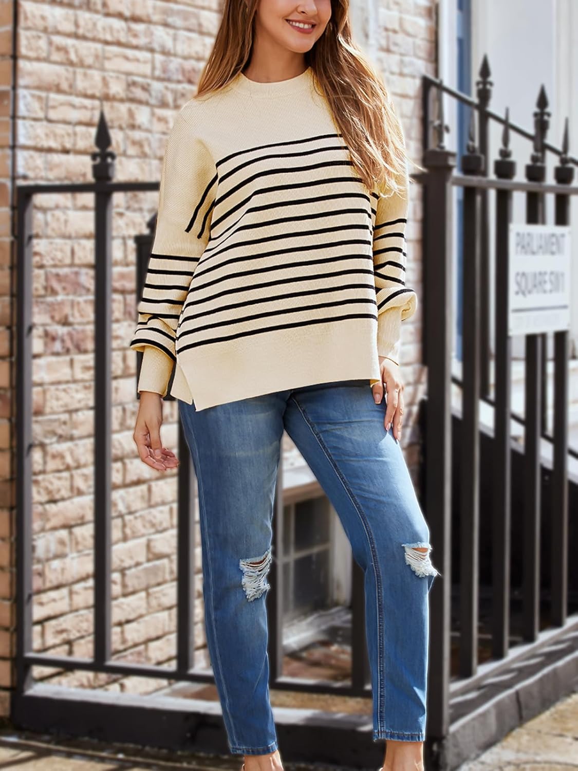 Women's Oversized Batwing Sweaters  Trendy Crewneck Knit Side Slit Fashion Pullover Tops