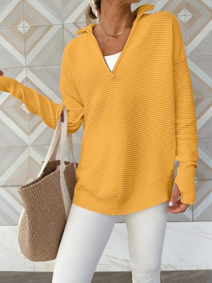 Womens Long Sleeve Quarter Zip Pullover Sweater Casual Loose V Neck Collared Ribbed Knit Jumper Tops Thumb Hole