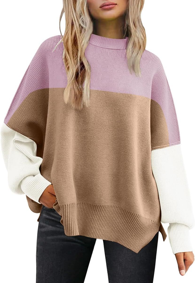 Women's Oversized Batwing Sweaters  Trendy Crewneck Knit Side Slit Fashion Pullover Tops