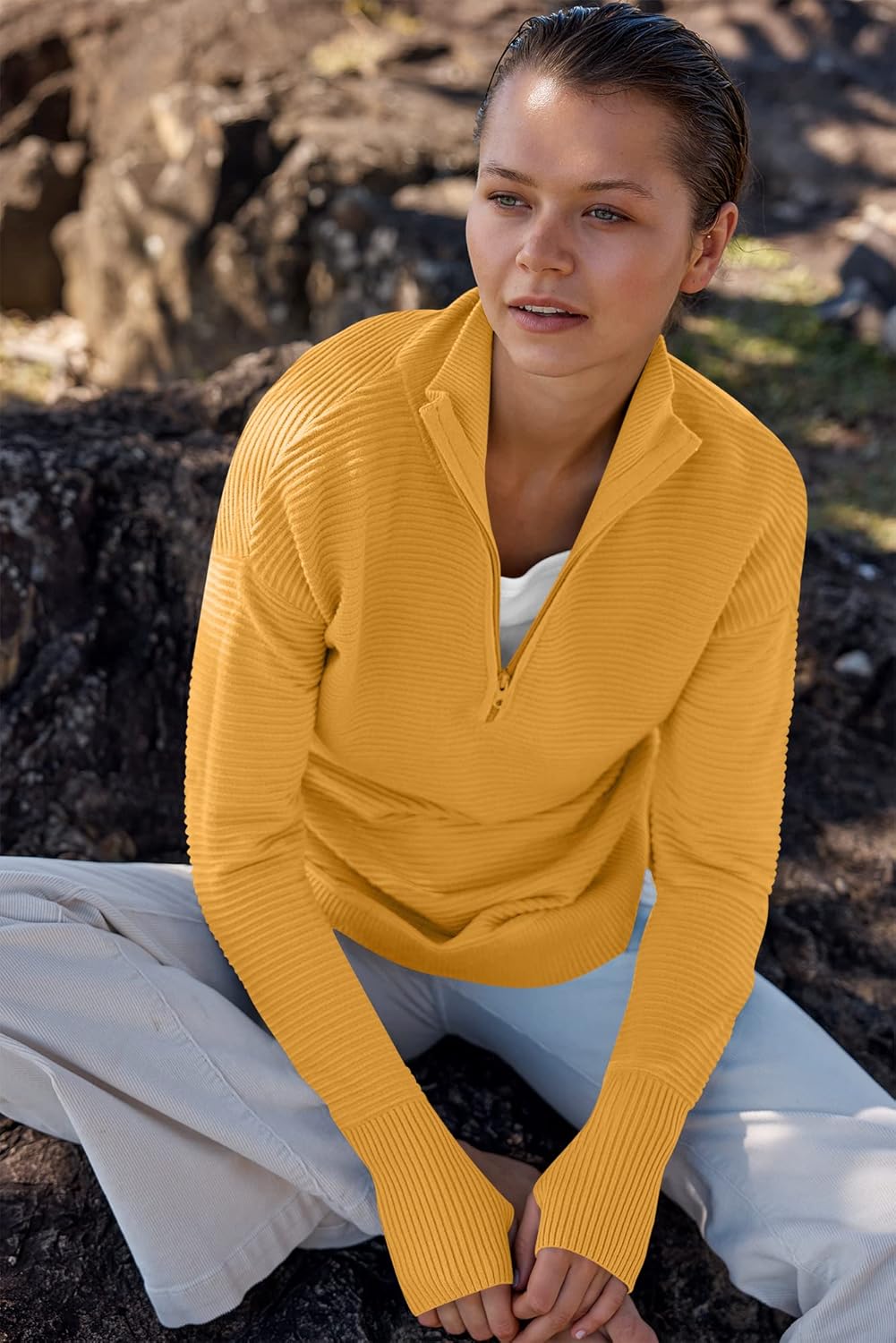 Womens Long Sleeve Quarter Zip Pullover Sweater Casual Loose V Neck Collared Ribbed Knit Jumper Tops Thumb Hole