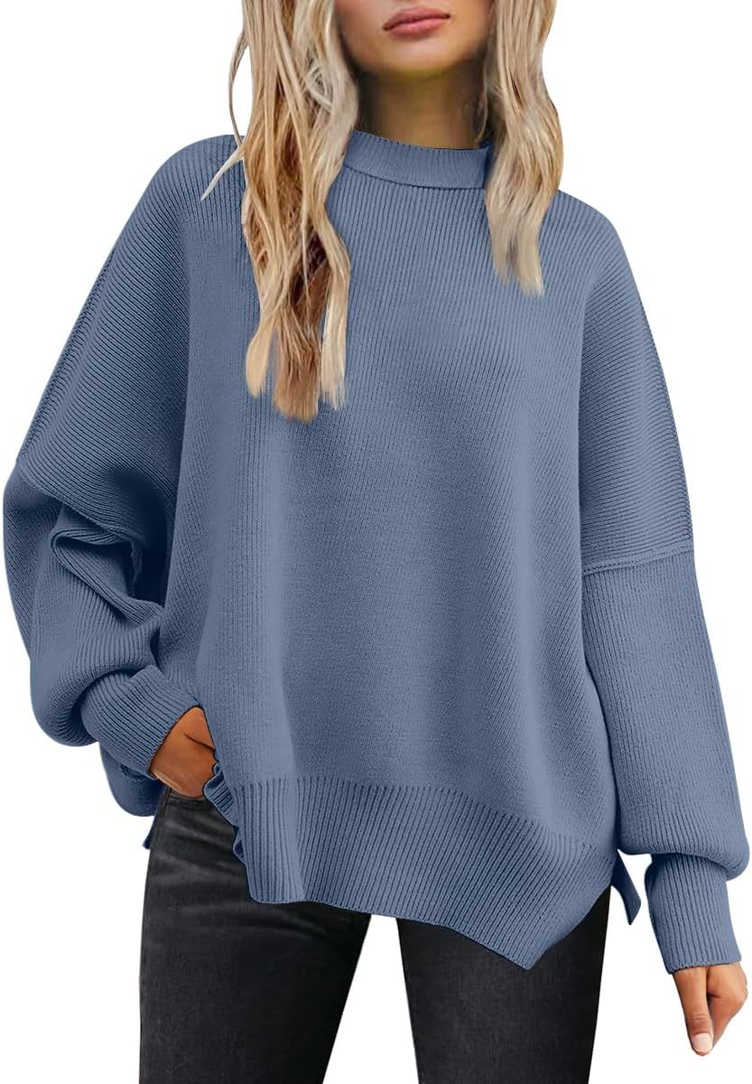 Women's Oversized Batwing Sweaters  Trendy Crewneck Knit Side Slit Fashion Pullover Tops