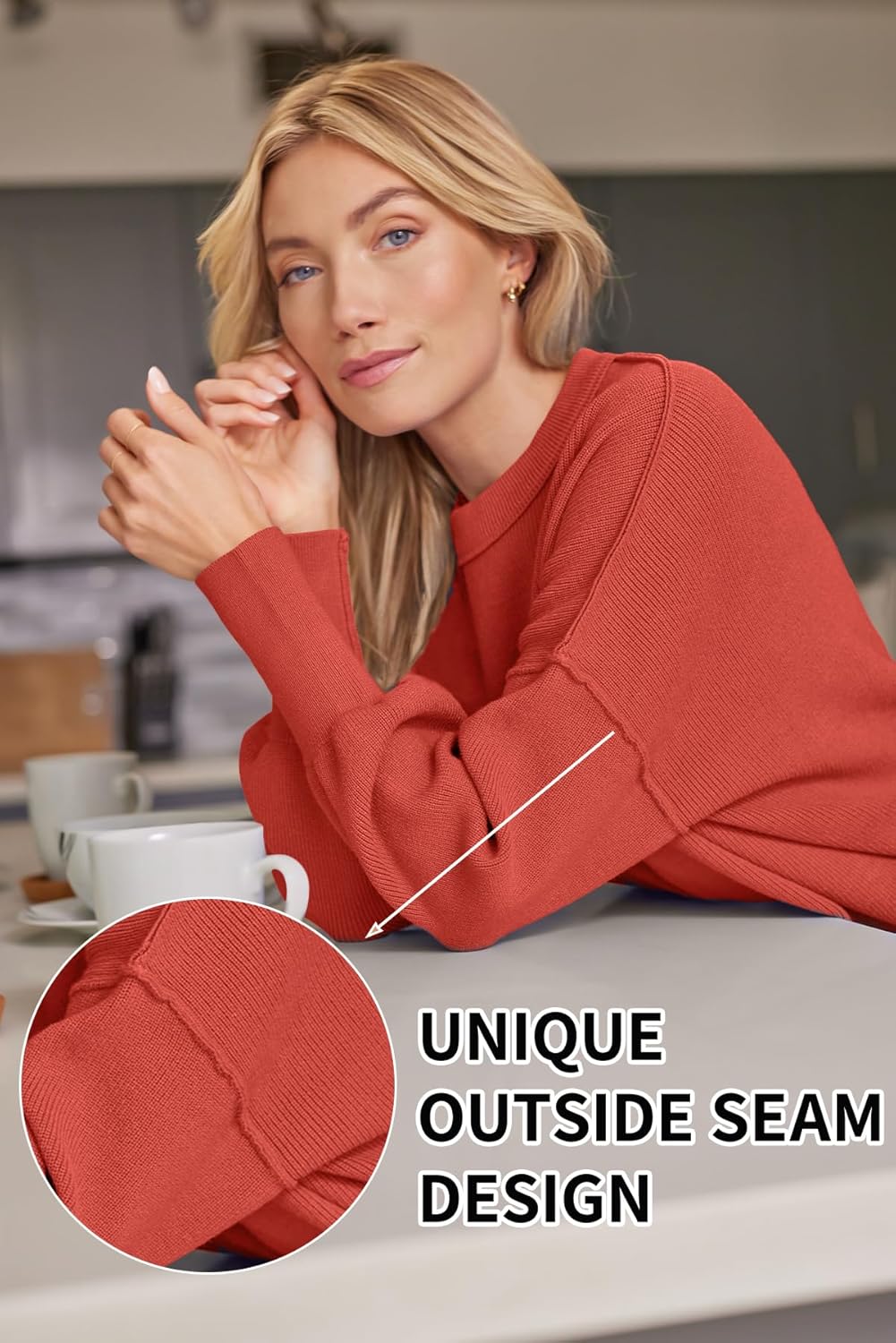 Women's Oversized Batwing Sweaters  Trendy Crewneck Knit Side Slit Fashion Pullover Tops