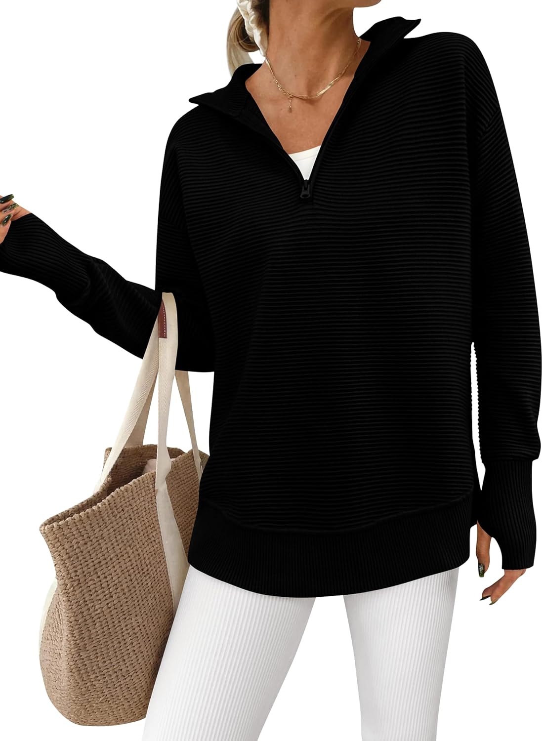  Womens Long Sleeve Quarter Zip Pullover Sweater Casual Loose V Neck Collared Ribbed Knit Jumper Tops Thumb Hole
