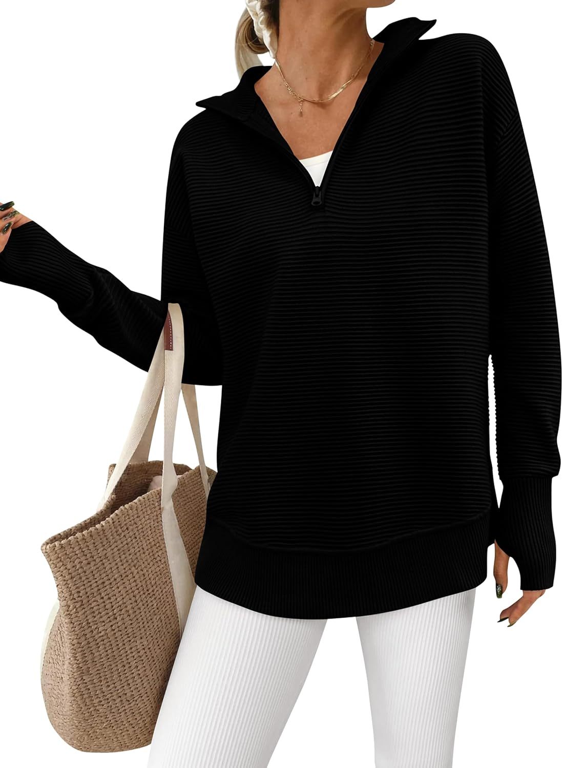  Womens Long Sleeve Quarter Zip Pullover Sweater Casual Loose V Neck Collared Ribbed Knit Jumper Tops Thumb Hole