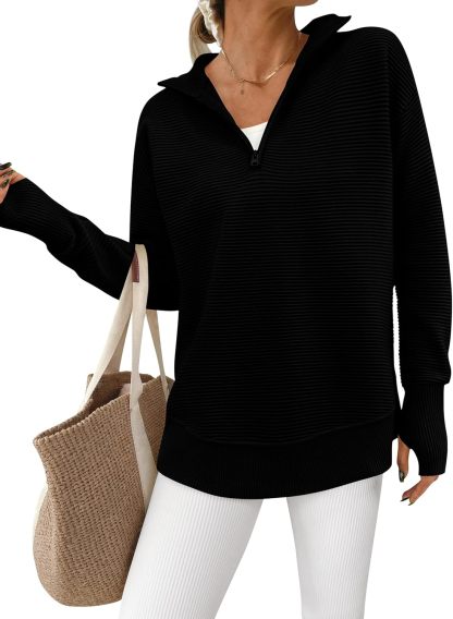  Womens Long Sleeve Quarter Zip Pullover Sweater Casual Loose V Neck Collared Ribbed Knit Jumper Tops Thumb Hole