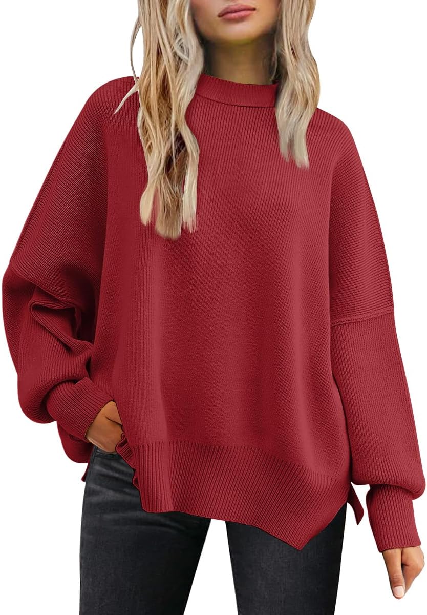 Women's Oversized Batwing Sweaters  Trendy Crewneck Knit Side Slit Fashion Pullover Tops