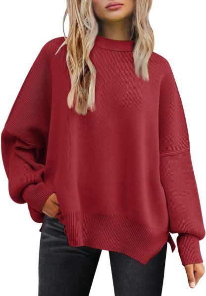 Women's Oversized Batwing Sweaters  Trendy Crewneck Knit Side Slit Fashion Pullover Tops