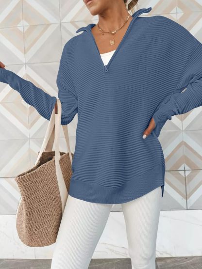 Womens Long Sleeve Quarter Zip Pullover Sweater Casual Loose V Neck Collared Ribbed Knit Jumper Tops Thumb Hole