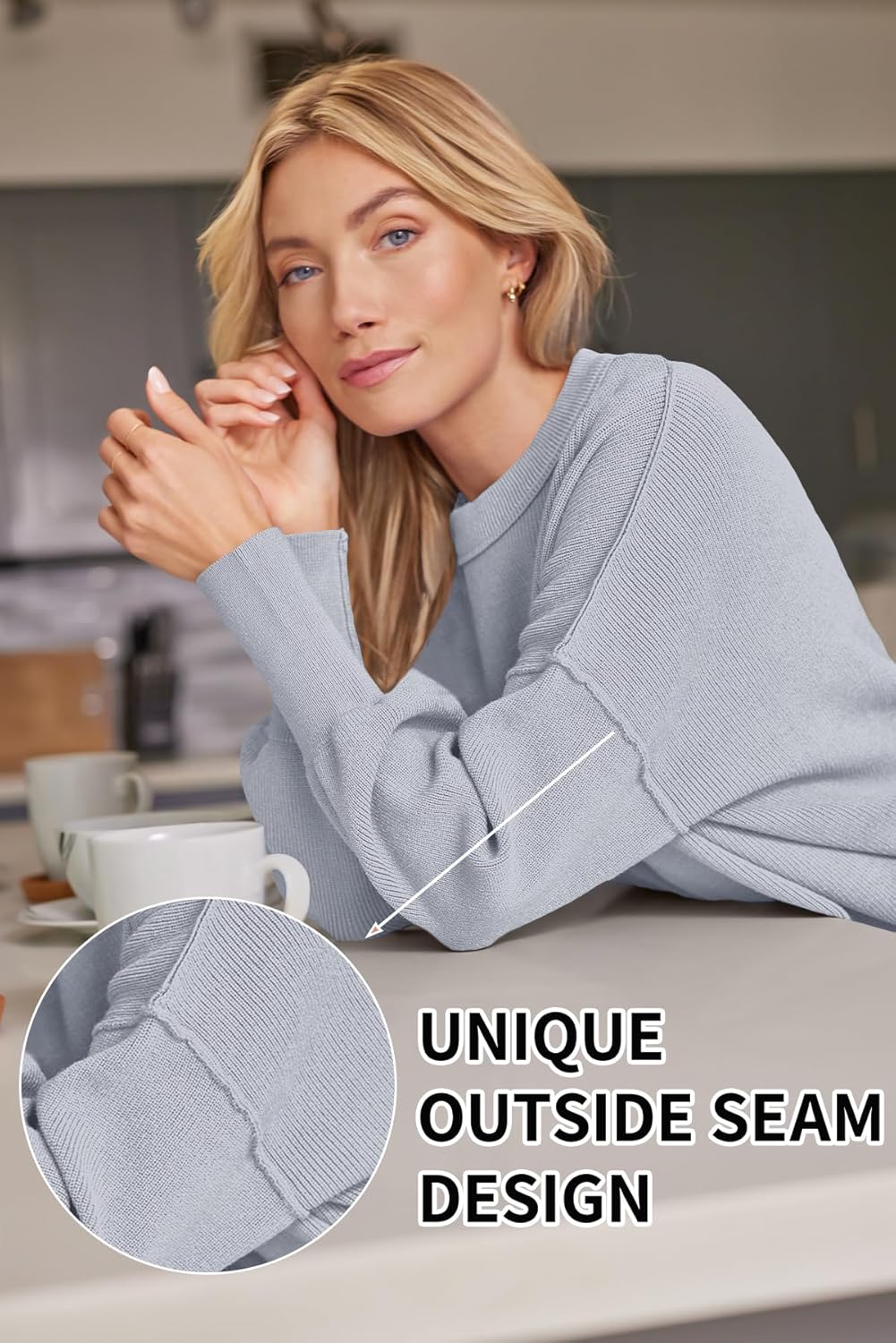 Women's Oversized Batwing Sweaters  Trendy Crewneck Knit Side Slit Fashion Pullover Tops