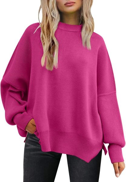 Women's Oversized Batwing Sweaters  Trendy Crewneck Knit Side Slit Fashion Pullover Tops