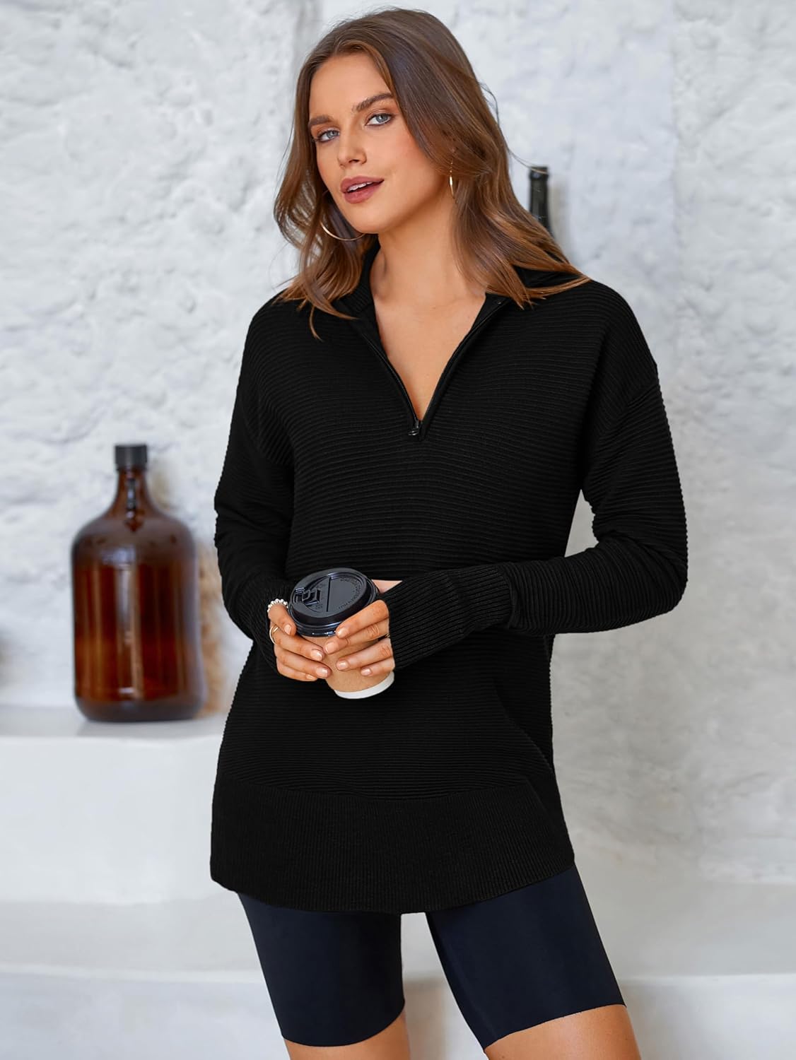  Womens Long Sleeve Quarter Zip Pullover Sweater Casual Loose V Neck Collared Ribbed Knit Jumper Tops Thumb Hole