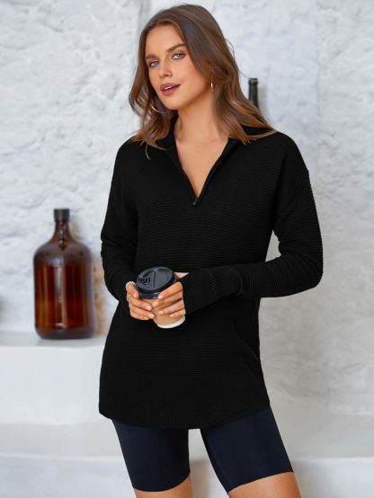  Womens Long Sleeve Quarter Zip Pullover Sweater Casual Loose V Neck Collared Ribbed Knit Jumper Tops Thumb Hole