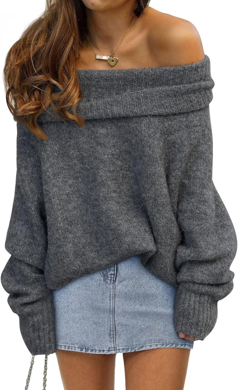 Womens Off The Shoulder Sweater Oversized Batwing Sleeve Loose Pullover Sweaters Tops