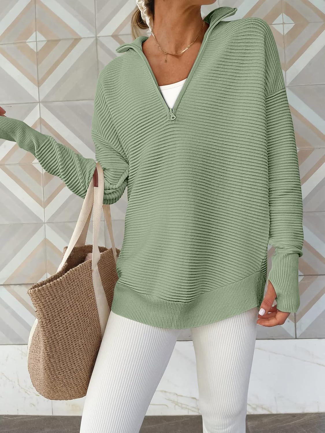 Womens Long Sleeve Quarter Zip Pullover Sweater Casual Loose V Neck Collared Ribbed Knit Jumper Tops Thumb Hole
