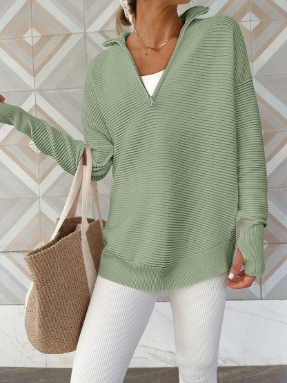 Womens Long Sleeve Quarter Zip Pullover Sweater Casual Loose V Neck Collared Ribbed Knit Jumper Tops Thumb Hole