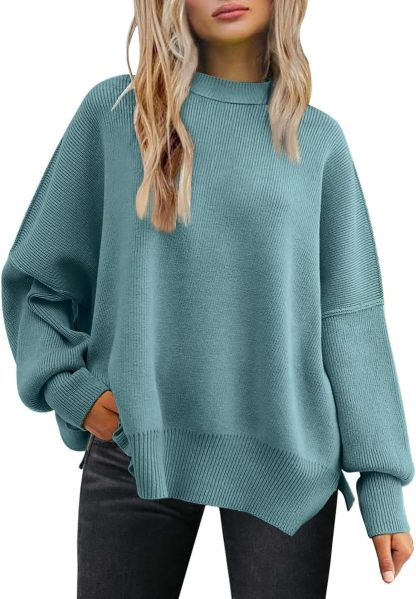 Women's Oversized Batwing Sweaters  Trendy Crewneck Knit Side Slit Fashion Pullover Tops