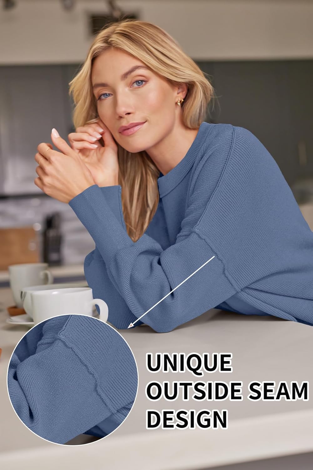 Women's Oversized Batwing Sweaters  Trendy Crewneck Knit Side Slit Fashion Pullover Tops