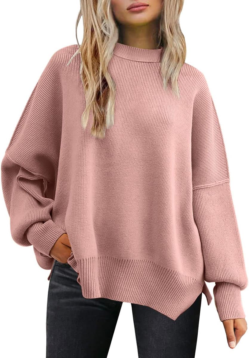 Women's Oversized Batwing Sweaters  Trendy Crewneck Knit Side Slit Fashion Pullover Tops