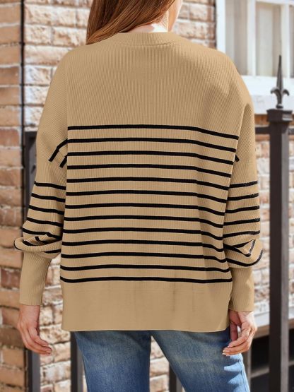 Women's Oversized Batwing Sweaters  Trendy Crewneck Knit Side Slit Fashion Pullover Tops