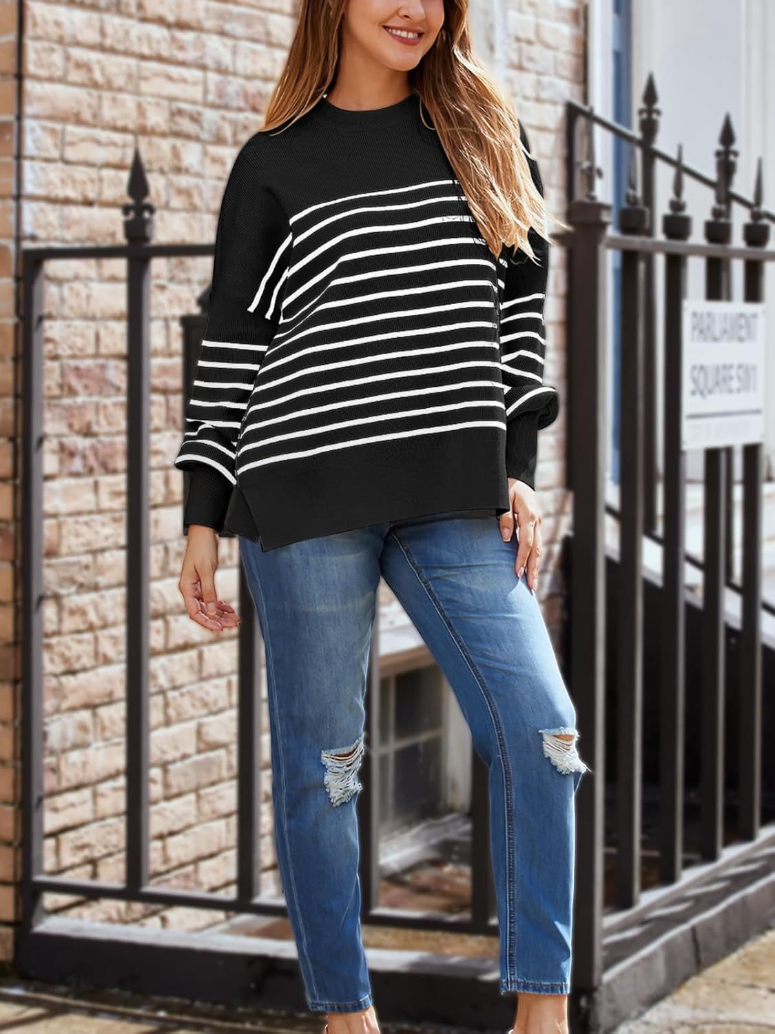 Women's Oversized Batwing Sweaters  Trendy Crewneck Knit Side Slit Fashion Pullover Tops