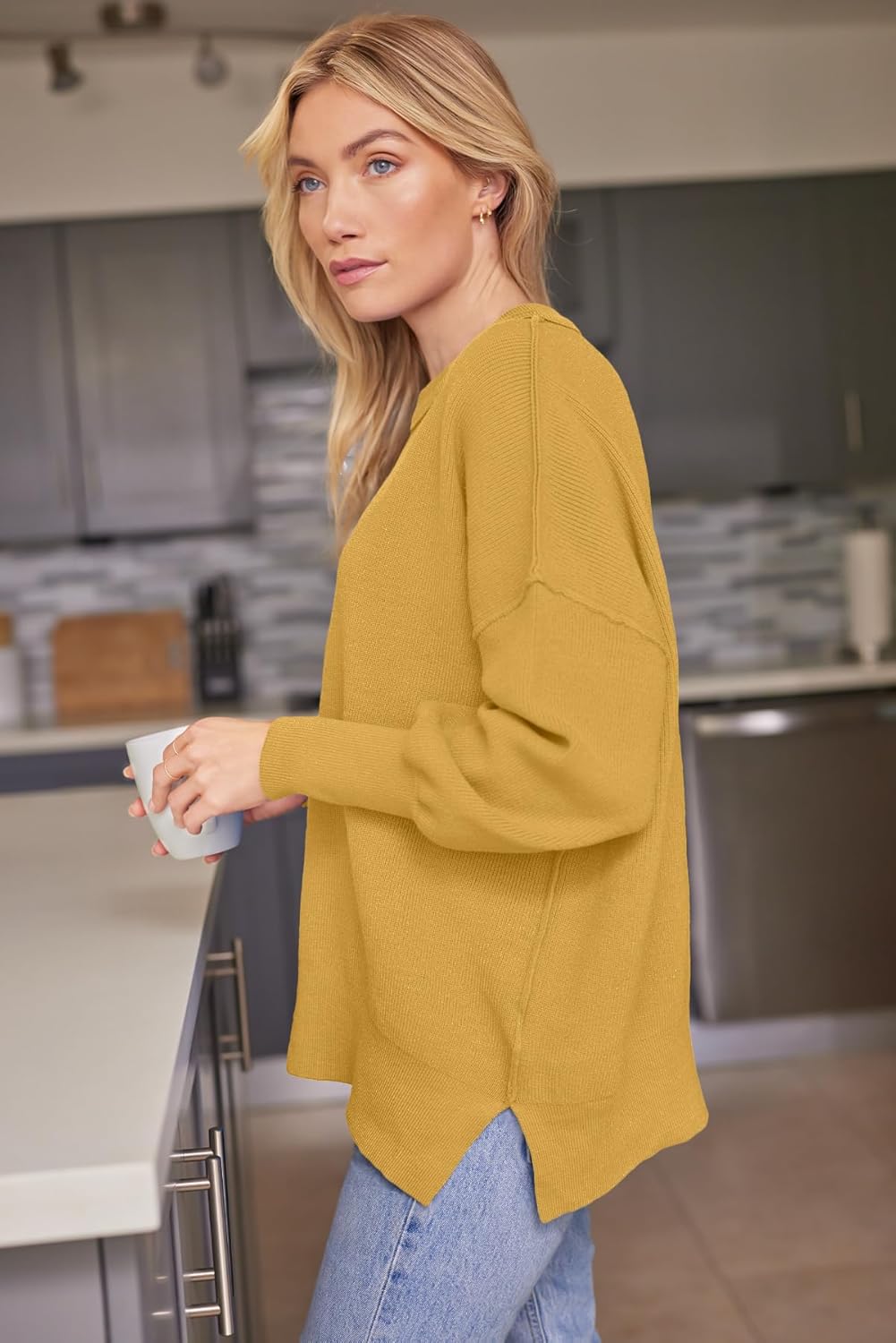 Women's Oversized Batwing Sweaters  Trendy Crewneck Knit Side Slit Fashion Pullover Tops