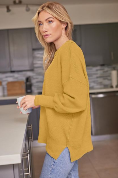 Women's Oversized Batwing Sweaters  Trendy Crewneck Knit Side Slit Fashion Pullover Tops