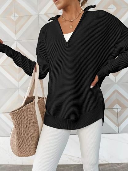 Womens Long Sleeve Quarter Zip Pullover Sweater Casual Loose V Neck Collared Ribbed Knit Jumper Tops Thumb Hole