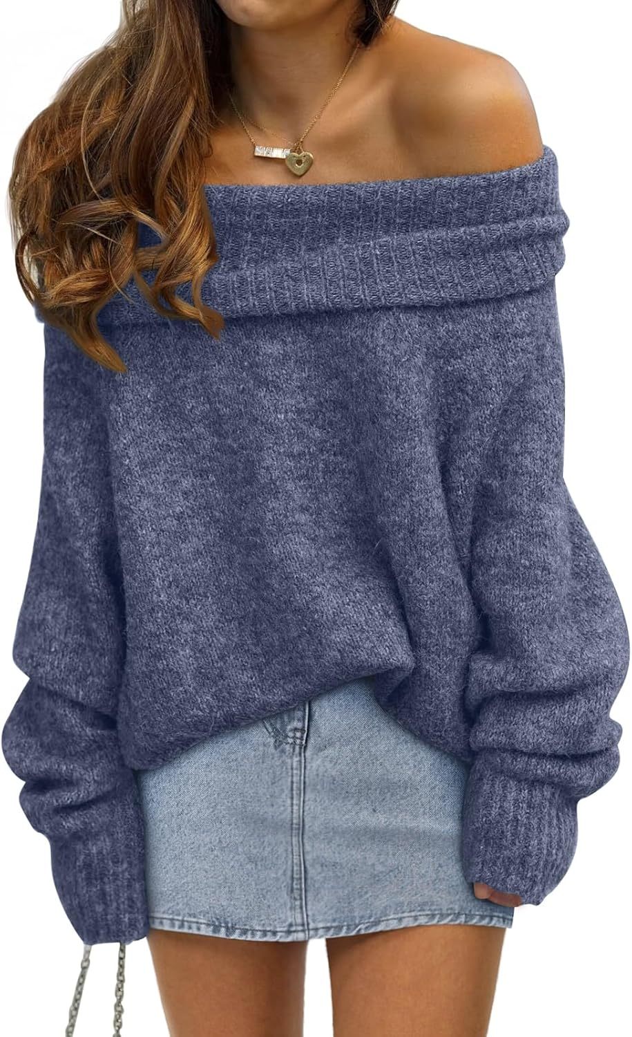 LILLUSORY Womens Off The Shoulder Sweater Oversized Batwing Sleeve Loo