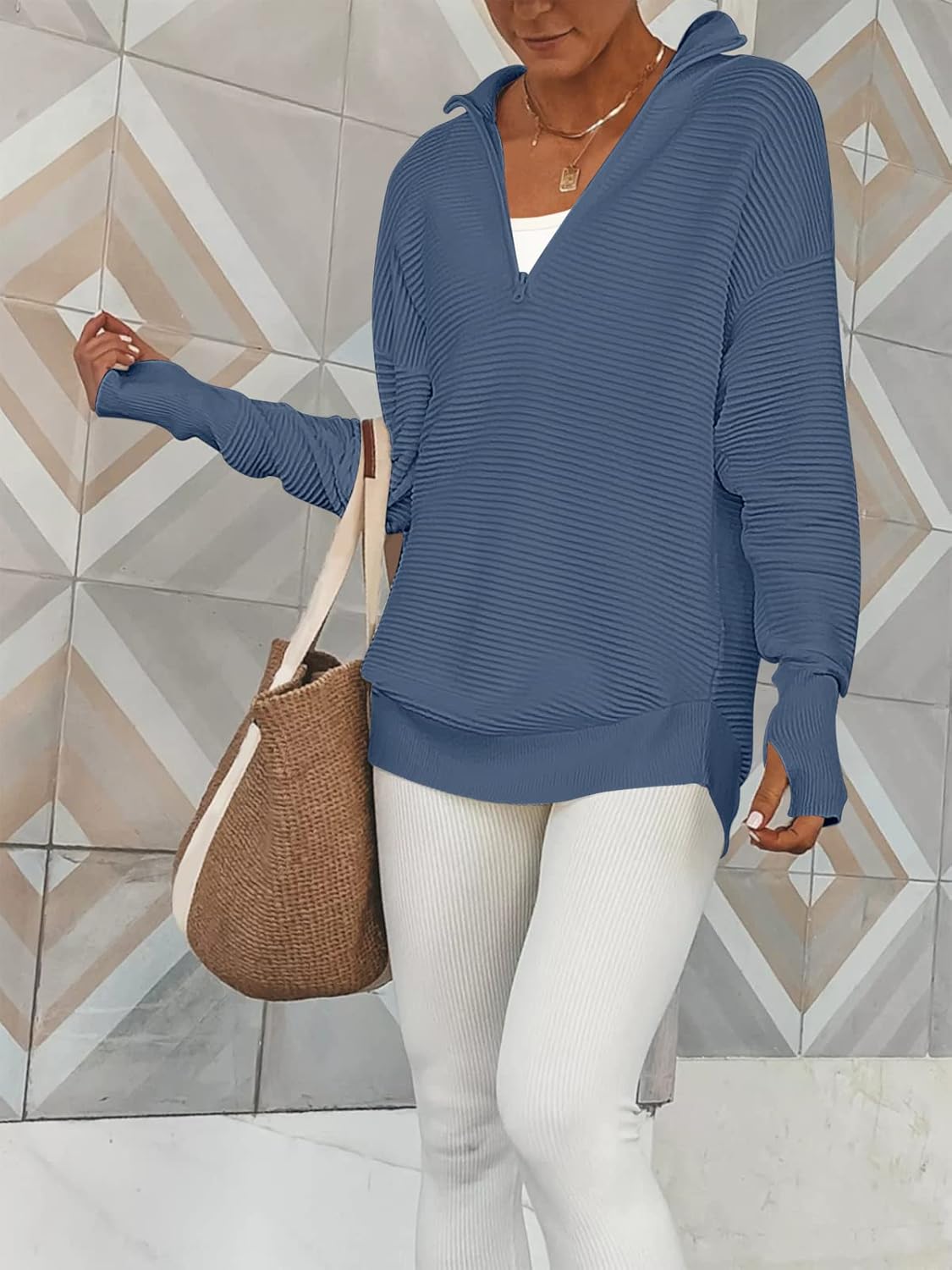 Womens Long Sleeve Quarter Zip Pullover Sweater Casual Loose V Neck Collared Ribbed Knit Jumper Tops Thumb Hole