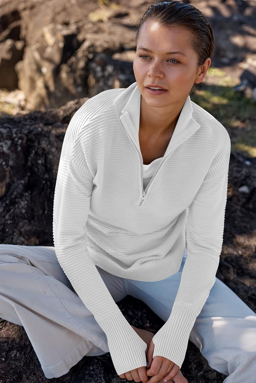 Womens Long Sleeve Quarter Zip Pullover Sweater Casual Loose V Neck Collared Ribbed Knit Jumper Tops Thumb Hole