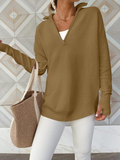 Womens Long Sleeve Quarter Zip Pullover Sweater Casual Loose V Neck Collared Ribbed Knit Jumper Tops Thumb Hole