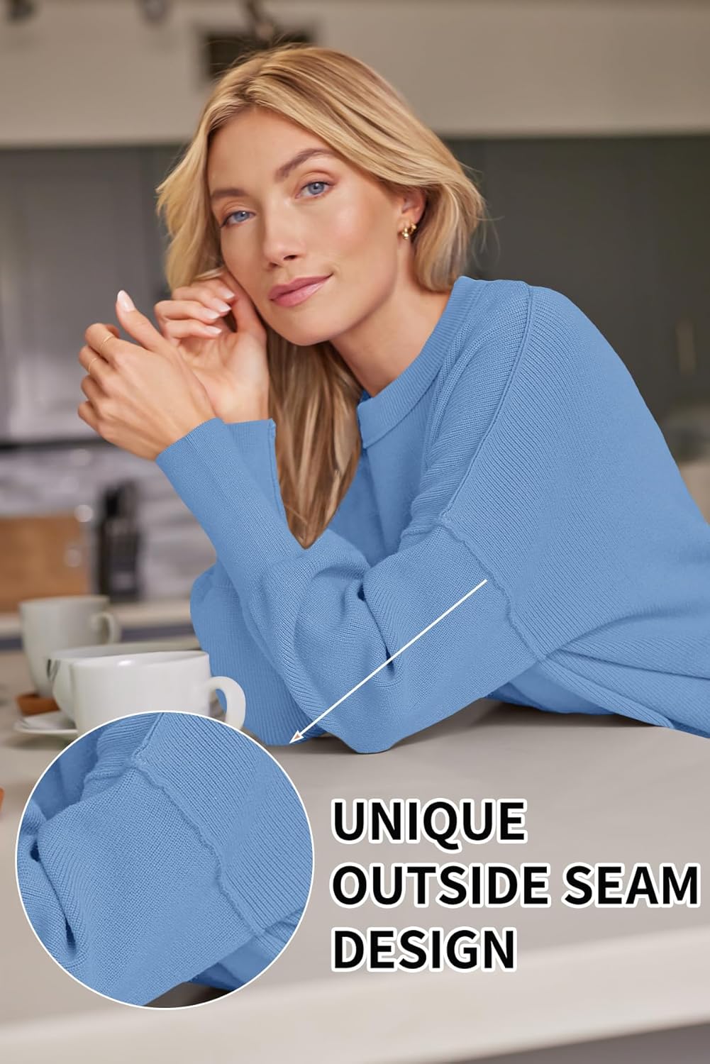 Women's Oversized Batwing Sweaters  Trendy Crewneck Knit Side Slit Fashion Pullover Tops