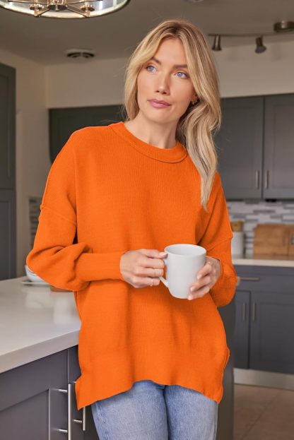 Women's Oversized Batwing Sweaters  Trendy Crewneck Knit Side Slit Fashion Pullover Tops