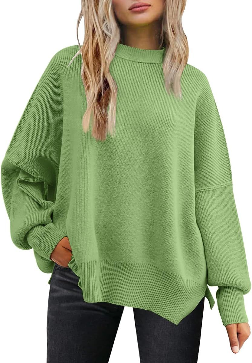 Women's Oversized Batwing Sweaters  Trendy Crewneck Knit Side Slit Fashion Pullover Tops