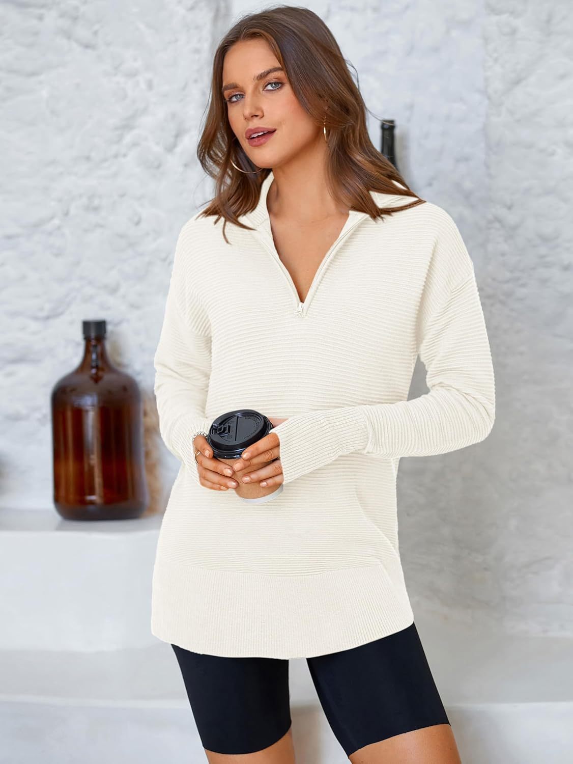  Womens Long Sleeve Quarter Zip Pullover Sweater Casual Loose V Neck Collared Ribbed Knit Jumper Tops Thumb Hole