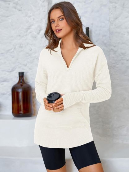  Womens Long Sleeve Quarter Zip Pullover Sweater Casual Loose V Neck Collared Ribbed Knit Jumper Tops Thumb Hole