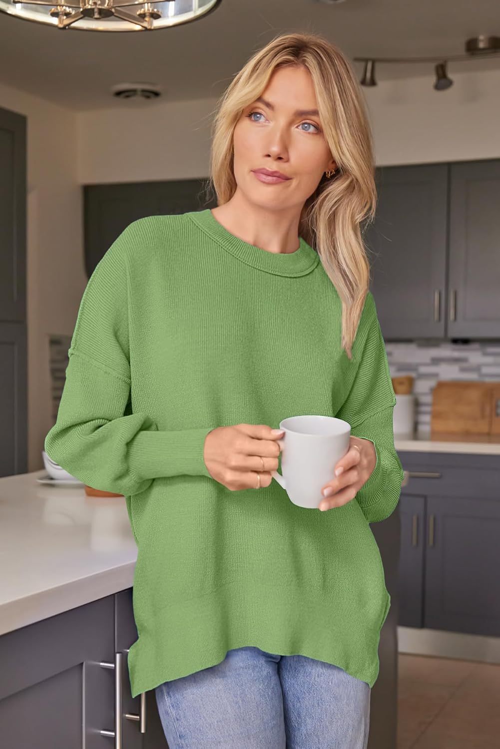 Women's Oversized Batwing Sweaters  Trendy Crewneck Knit Side Slit Fashion Pullover Tops