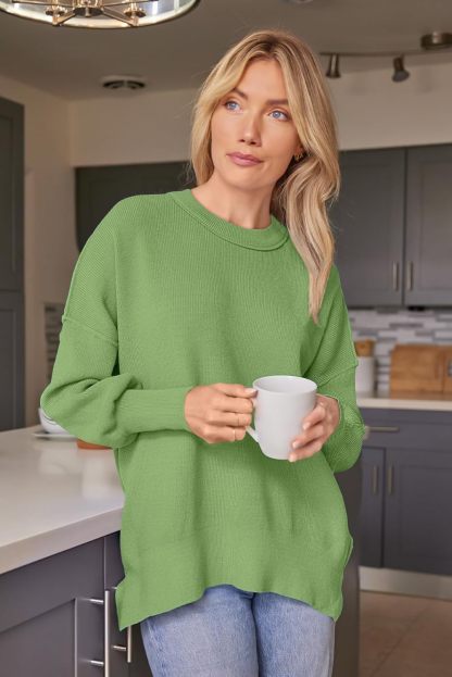 Women's Oversized Batwing Sweaters  Trendy Crewneck Knit Side Slit Fashion Pullover Tops