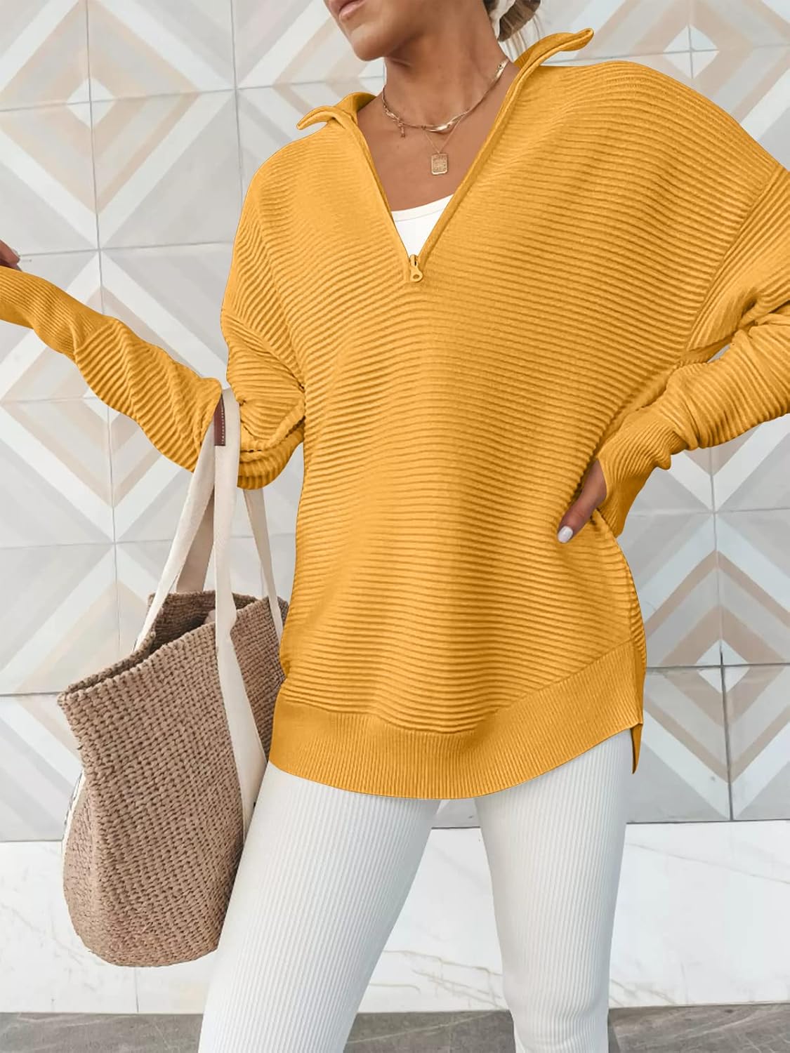 Womens Long Sleeve Quarter Zip Pullover Sweater Casual Loose V Neck Collared Ribbed Knit Jumper Tops Thumb Hole