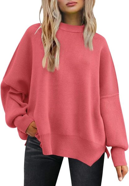 Women's Oversized Batwing Sweaters  Trendy Crewneck Knit Side Slit Fashion Pullover Tops