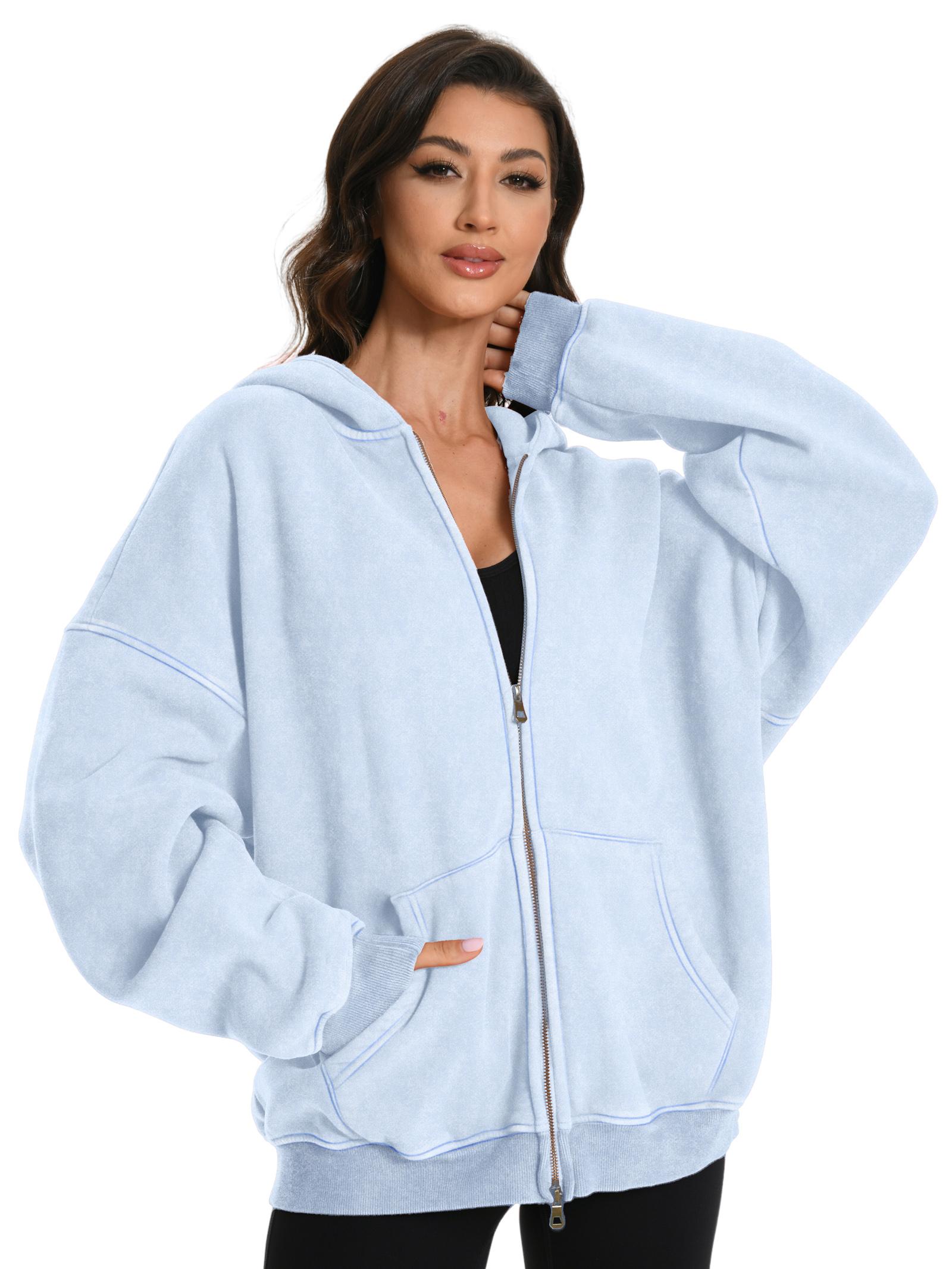 Couples Double Zip Up Oversized Acid Wash Hoodie