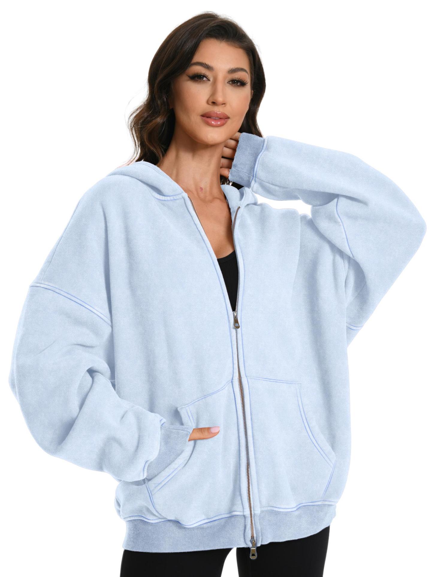 Couples Double Zip Up Oversized Acid Wash Hoodie