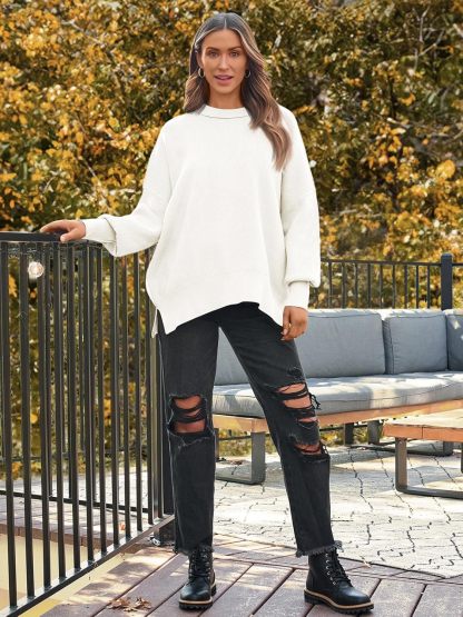 Women's Oversized Batwing Sweaters  Trendy Crewneck Knit Side Slit Fashion Pullover Tops