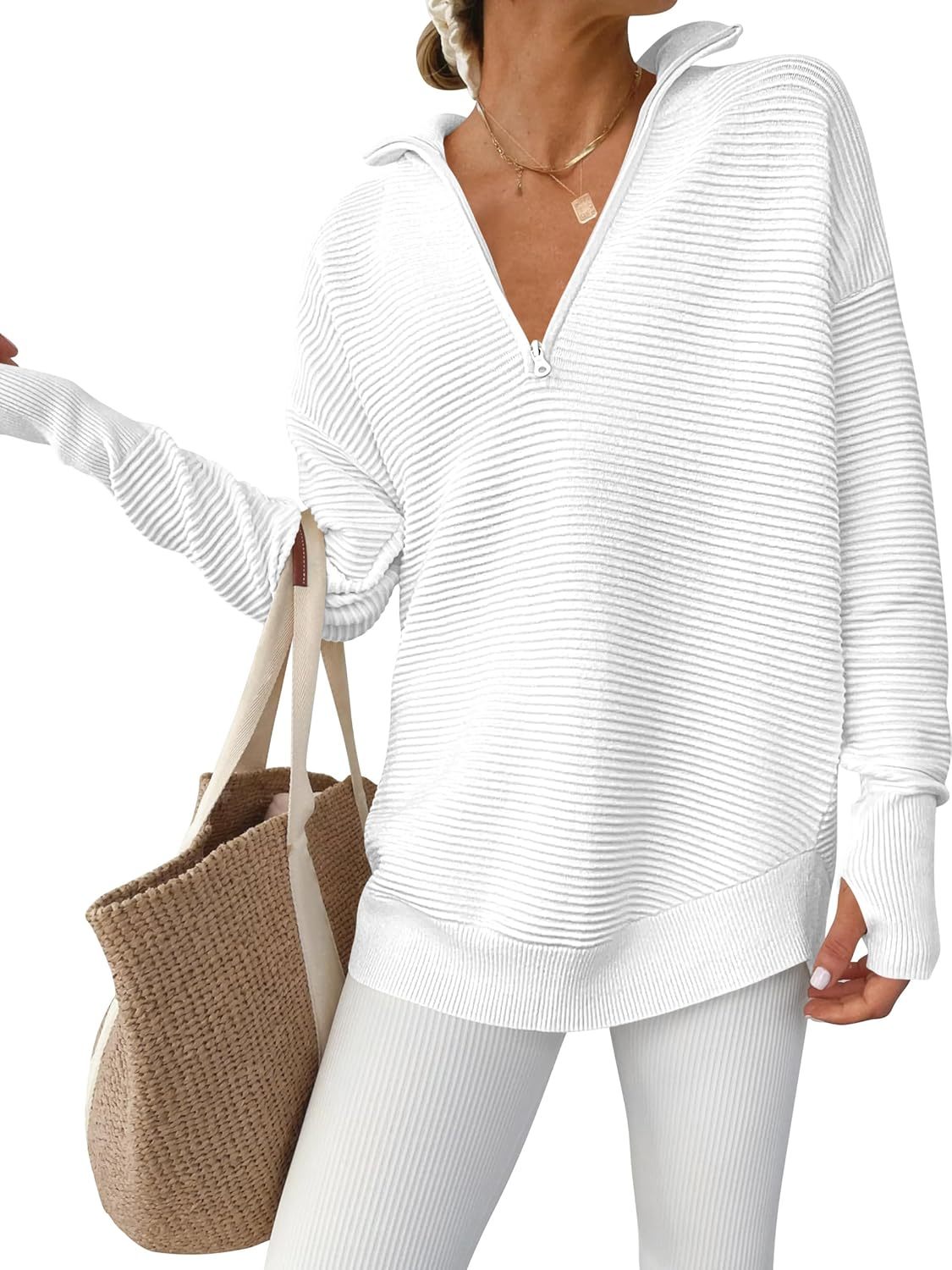 Womens Long Sleeve Quarter Zip Pullover Sweater Casual Loose V Neck Collared Ribbed Knit Jumper Tops Thumb Hole