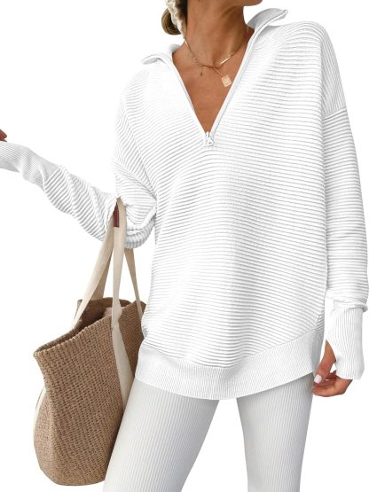 Womens Long Sleeve Quarter Zip Pullover Sweater Casual Loose V Neck Collared Ribbed Knit Jumper Tops Thumb Hole