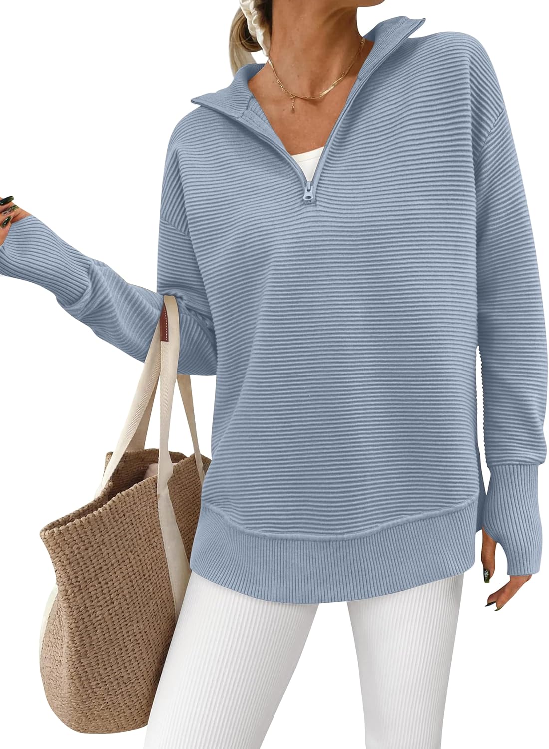  Womens Long Sleeve Quarter Zip Pullover Sweater Casual Loose V Neck Collared Ribbed Knit Jumper Tops Thumb Hole