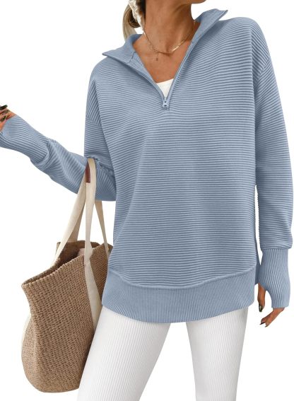  Womens Long Sleeve Quarter Zip Pullover Sweater Casual Loose V Neck Collared Ribbed Knit Jumper Tops Thumb Hole