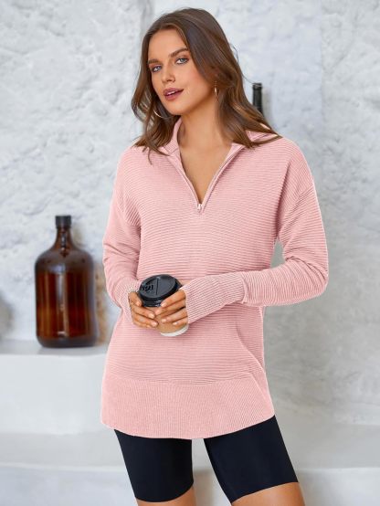  Womens Long Sleeve Quarter Zip Pullover Sweater Casual Loose V Neck Collared Ribbed Knit Jumper Tops Thumb Hole